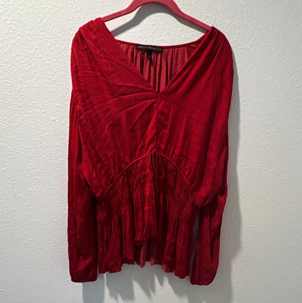 White House Black Market Womens Red Solid Woven Rayon Smocked Blouse XL 0085
